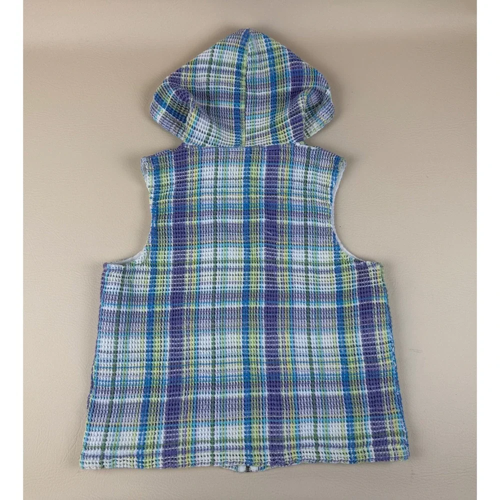 Christopher & Banks M Hooded Vest Plaid Waffle Cotton Blend Zip Up
